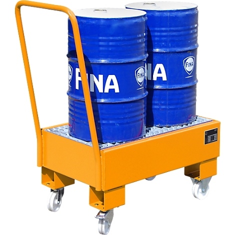 Orange transport cart with two blue barrels. The barrels bear the imprint 'FINA'.