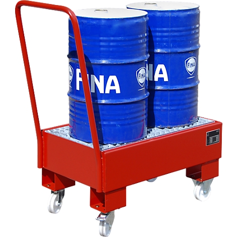 Two blue barrels with white text on a red transport cart with handle. Inscription FINA.
