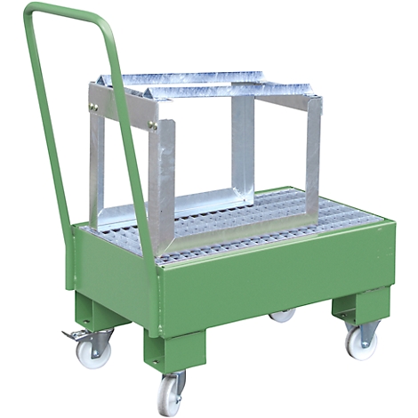 Green platform cart with handle and silver frame on wheels.