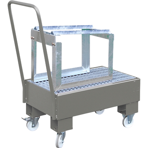 Gray transport platform with handle and wheels, on which a metal structure is placed.