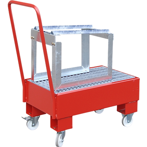 Red trolley with a metal shelf, a handle and four wheels.
