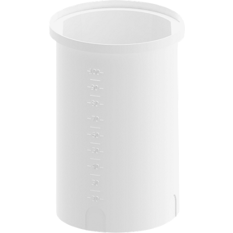 White measuring cup with scale and handle. The top edge is rounded, the scale is given in steps of 5.