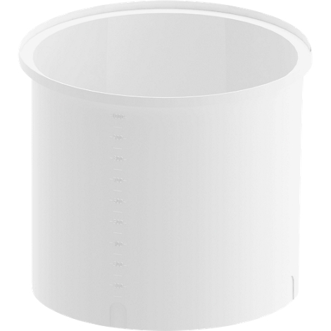 White, cylindrical container with a wide rim and measurement scale. Close-up.