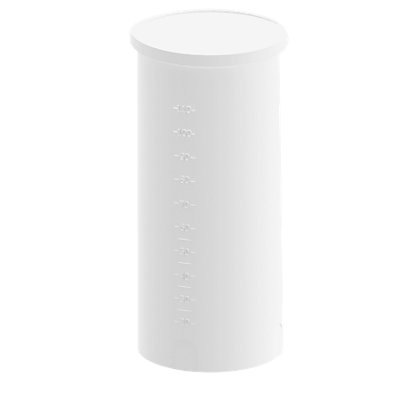 White cylindrical measuring cup with measurement markings.