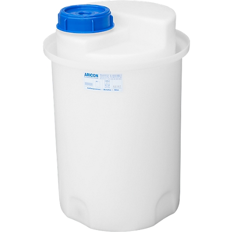 White cylindrical tank with blue lid. The tank has a blue label that says "ARICON".