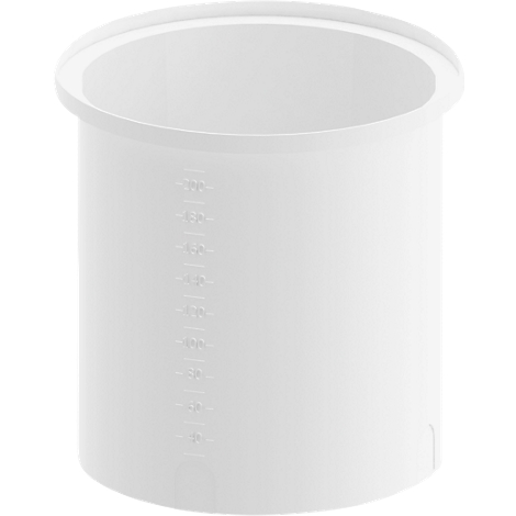 White measuring cup with graduated markings.