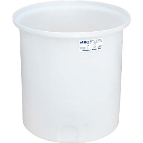 White, cylindrical plastic tank. On the side is a sticker that says "ARICON". The top edge is offset.