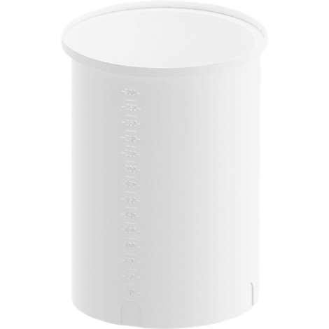 White plastic container, cylindrical, with measuring scale and rounded rim.
