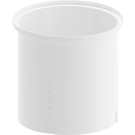 White, cylindrical container with measuring scale and wide rim.