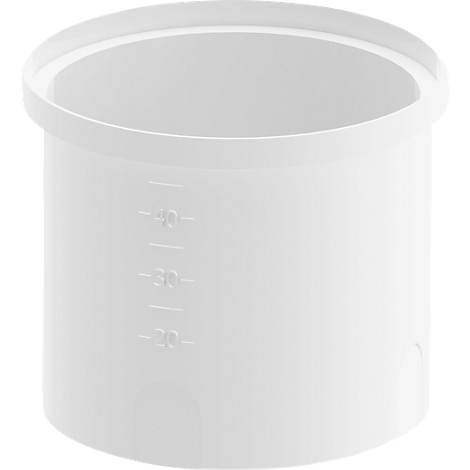 White measuring cup with scale, top view.