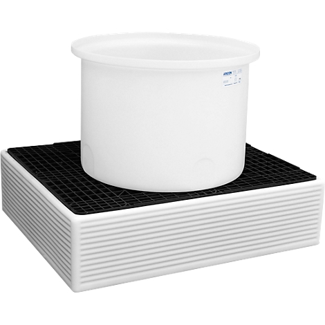 White plastic container on a black grid tray. The base has white, ribbed side walls.