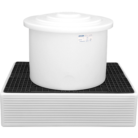 White tank with lid on black grid, standing on white base. The tank says 'ARICON' and other details.