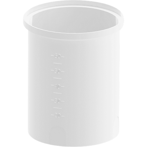 White measuring cup with embossed markings from 20 to 60, with a slightly protruding rim.