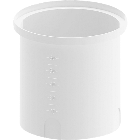 White cylindrical container with measurement scale and measurement values, such as 20, 30, 40, 50 and 60.
