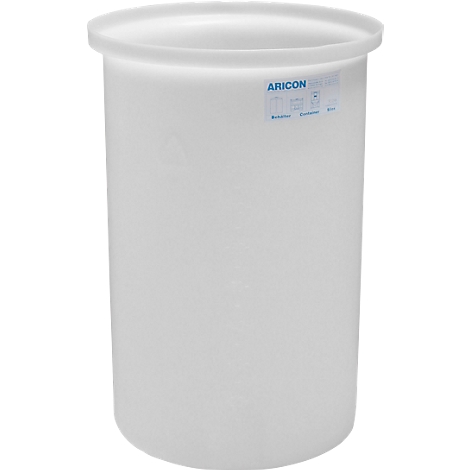 White, cylindrical container. A wide rim at the top, smooth surface below. Sticker with the lettering "ARICON".
