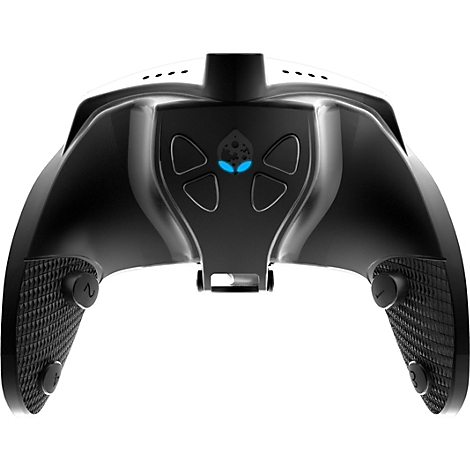 Manette de jeu noire avec un design extraterrestre bleu et des boutons. Il y a des boutons avec des chiffres en bas.