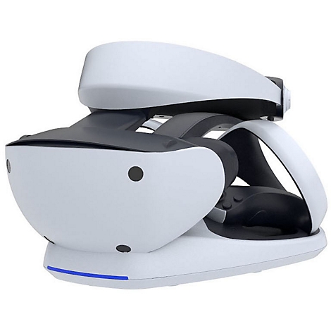Casque de réalité virtuelle blanc, gris et noir. L'appareil repose sur une base blanche. Ligne bleue à l'avant.