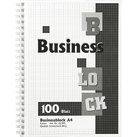 Spiral-bound notepad with grid paper, print of Businessblock and corner graphics.