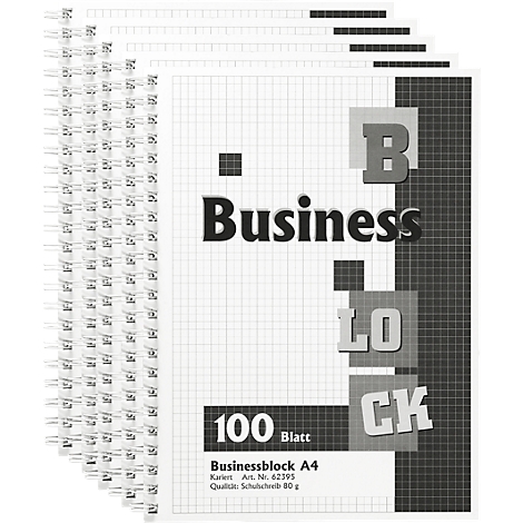 A stack of squared business pads with spiral binding, title: Business Block, 100 sheets, A4. Black lettering on a white background.