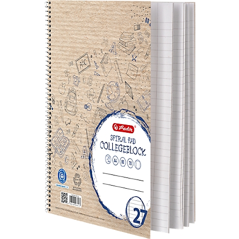 Herlitz spiraalblok met bruine papieren omslag met schoolthema illustraties.