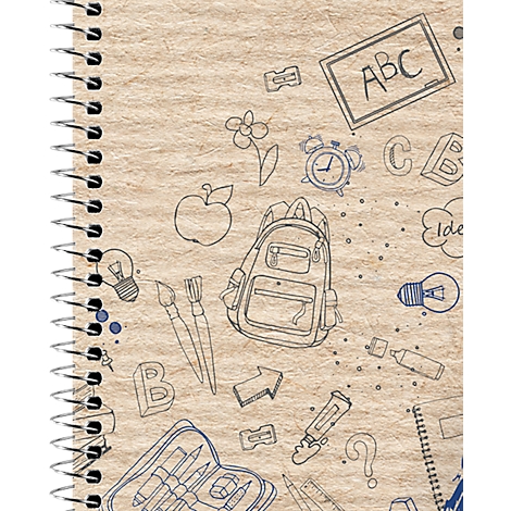 Spiraalnotitieboek van kraftpapier met speelse, blauwe lijntekeningen van schoolspullen zoals een rugzak en schoolbord.