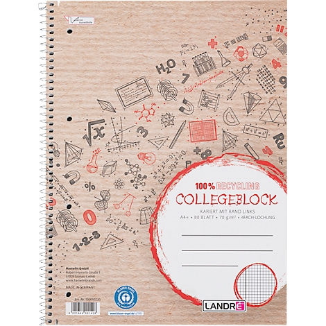Collegeblock mit Recyclingpapier, braunem Hintergrund, roten Akzenten und mathematischen Zeichnungen. Spiralbindung links.