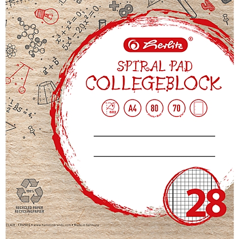 Herlitz Collegeblock mit braunem Recyclingpapier-Design und mathematischen Motiven im Hintergrund.