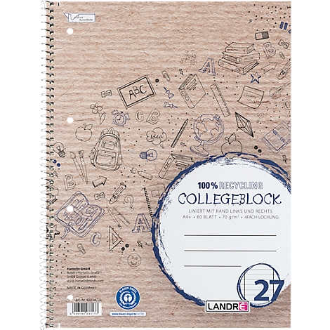 Spiralblock mit Schulmotiven auf braunem Hintergrund. "100% Recycling", "Collegeblock", "Landré" und "27" sind beschriftet.