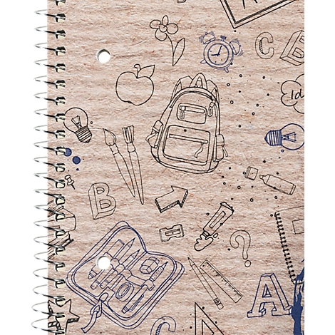 Skizzen von Schulsymbolen: Apfel, Rucksack, Stifte, Uhr, Glühbirne, Pinsel. Auf Spiralblock-Papier mit Rissen.