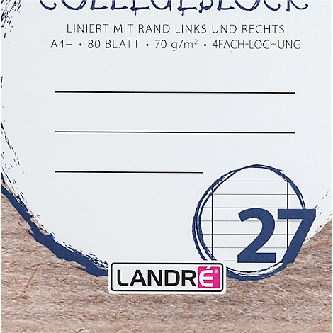 Nahaufnahme eines linierten Notizblocks mit dem Label "Landre" und der Zahl "27".