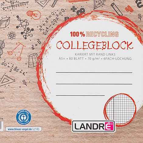 Ein Collegeblock mit Recycling-Hinweis und wissenschaftlichen Symbolen auf braunem Hintergrund.