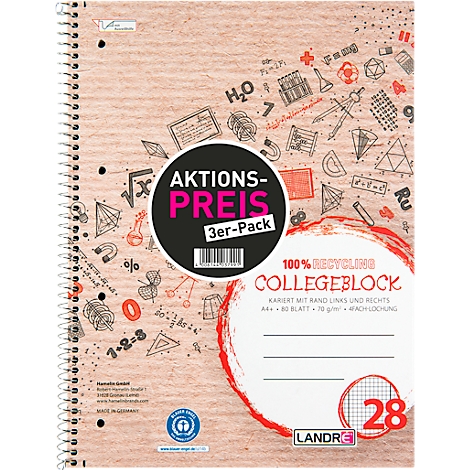 Spiralblock mit Aktionspreis-Aufkleber. Auf dem Cover befinden sich Mathe Symbole. Aufschrift: Collegeblock. 3er-Pack.