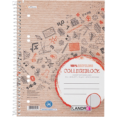 Ringbuch mit recyceltem Papier, bedruckt mit Mathe-Symbolen. Roter Kreis mit Text 'COLLEGEBLOCK'.