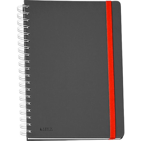 Dunkelgraues Notizbuch mit rotem Gummiband, Drahtbindung und LEITZ-Logo.