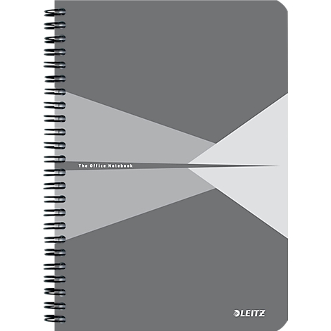 Carnet à spirales gris. Texte : The Office Notebook et logo LEITZ.