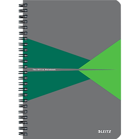 Cahier gris avec des triangles verts et sarcelle. Reliure à spirales noires. Texte : 'The Office Notebook'.