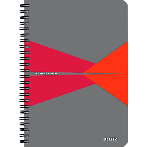 Graues Notizbuch mit rotem und orangenem Design, Spiralbindung und dem Schriftzug 'The Office Notebook'.
