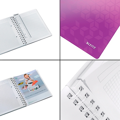 Vier Fotos eines Notizbuchs. Gezeigt werden Details wie die Spirale, liniertes Papier, ein Lineal und ein Cover mit dem Logo von LEITZ.