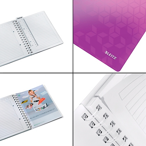 Collage von Notizbüchern, Lineal und Markennamen. Die Notizbücher haben Spiralbindung und karierte Seiten. Das Lineal ist transparent. Auf einem pinken Hintergrund mit Logo.