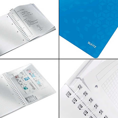 Quadratisches Bild, aufgeteilt in vier Ansichten: Notizbuch, blaues Mousepad mit Leitz-Logo, gezeichnete Pläne und detailierte Spiralbindung.