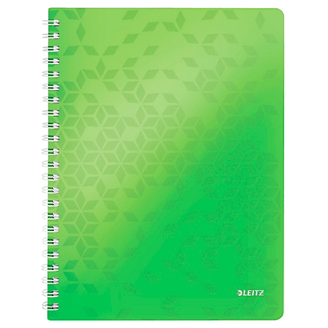 Grünes Notizbuch mit Spirale. Die Vorderseite ist mit geometrischen Mustern verziert, unten rechts steht "LEITZ".