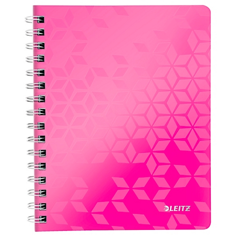 Ein pinkfarbenes Notizbuch mit Spiralbindung. Das Cover zeigt ein geometrisches Muster und das Logo von Leitz.
