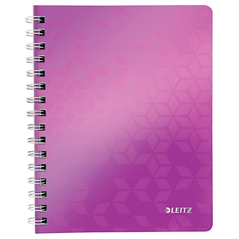 Lila Notizbuch mit Spiralbindung und Leitz Logo.