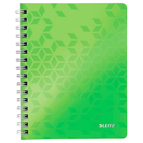 Grünes Notizbuch mit Spiralbindung und geometrischem Muster. Unten rechts Logo von Leitz.