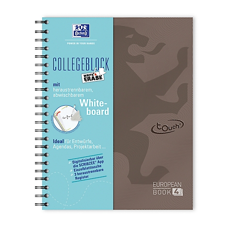 Ein Notizblock mit Spiralbindung, blau-brauner Farbgebung, und weissem "Whiteboard"-Element. Text: Collegeblock, abwischbar. Marke: Oxford.