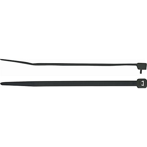 Deux colliers de serrage noirs sur fond blanc. L'un montre un crochet, l'autre une serrure.