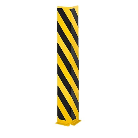 Yellow and black striped corner protector, standing on a white background.