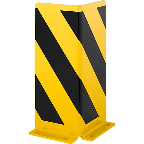 Yellow metal corner protector with diagonal black stripes. Feet at the bottom for fixing.