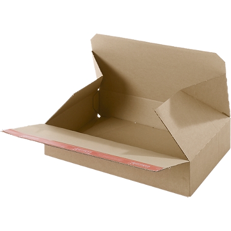 Open kartonnen doos. Bruin karton, met rood plakband. De flap is open.