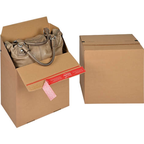 A beige handbag sits inside an open shipping box. Next to it is a second, closed box.